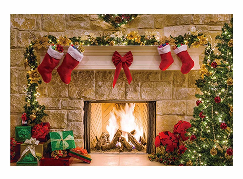 Funnytree 7x5ft Christmas Fireplace Backdrop Interior Vintage Xmas Tree Stockings Photography Background Portrait Photobooth Party Banner Decorations Photo Studio Props - Image 1